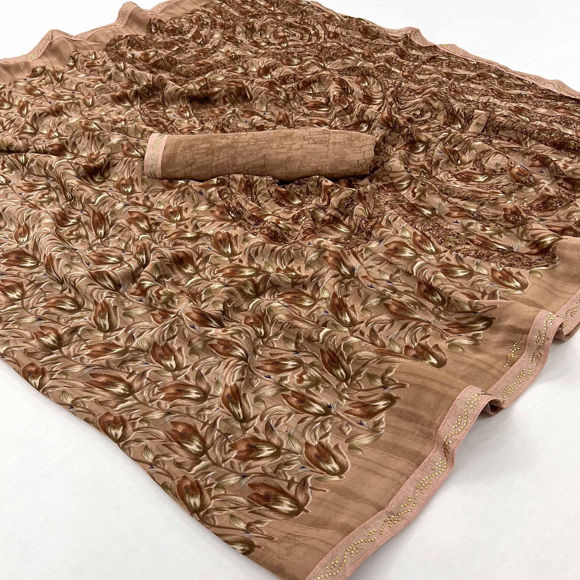 Brown Floral Printed Georgette Saree