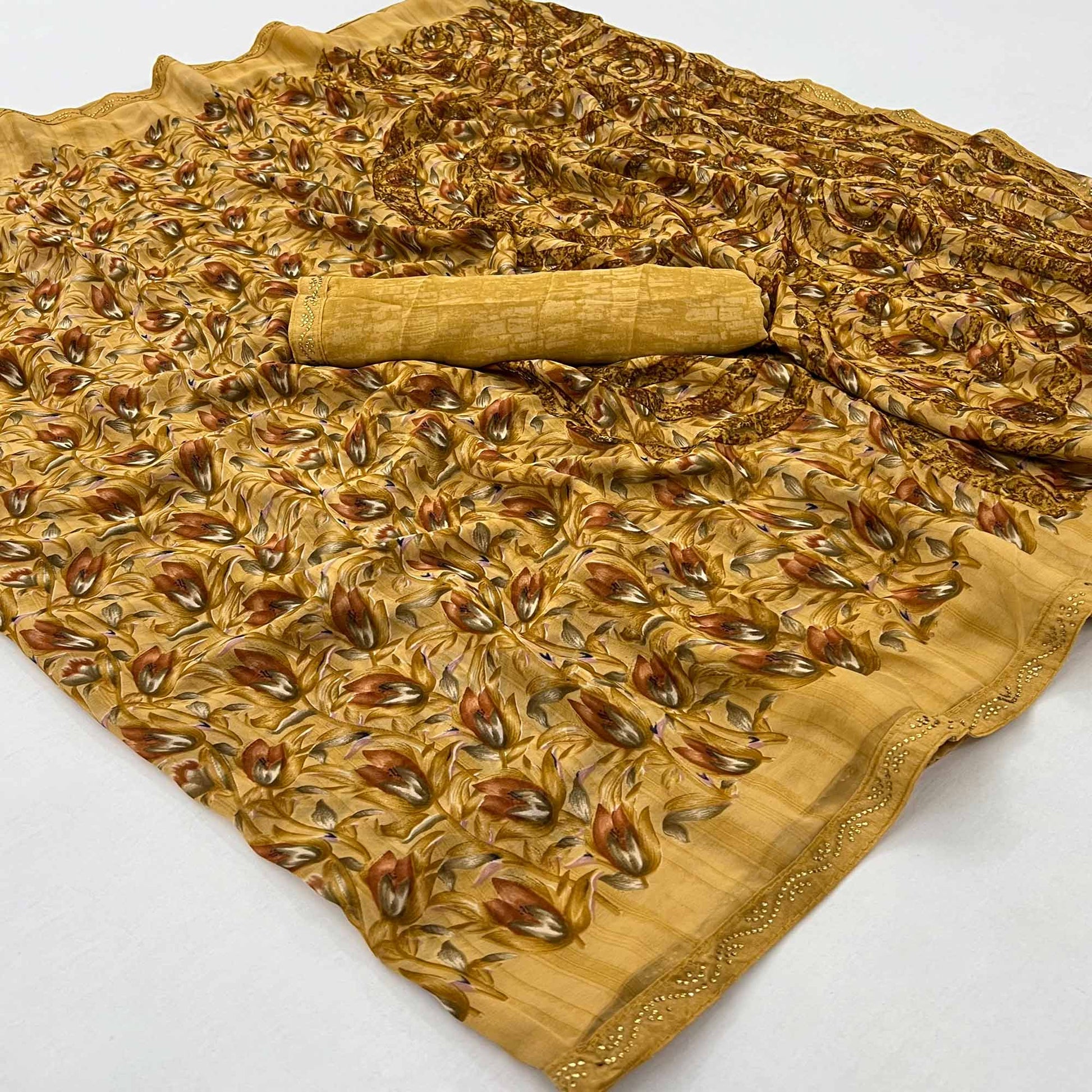Dark Mustard Floral Printed Georgette Saree