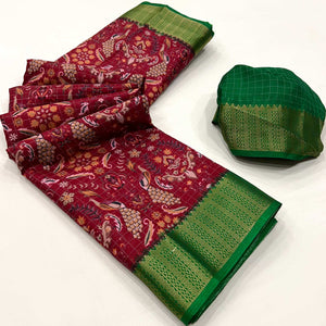 Maroon Floral Printed Dola Silk Saree With Woven Border