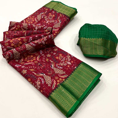 Maroon Floral Printed Dola Silk Saree With Woven Border