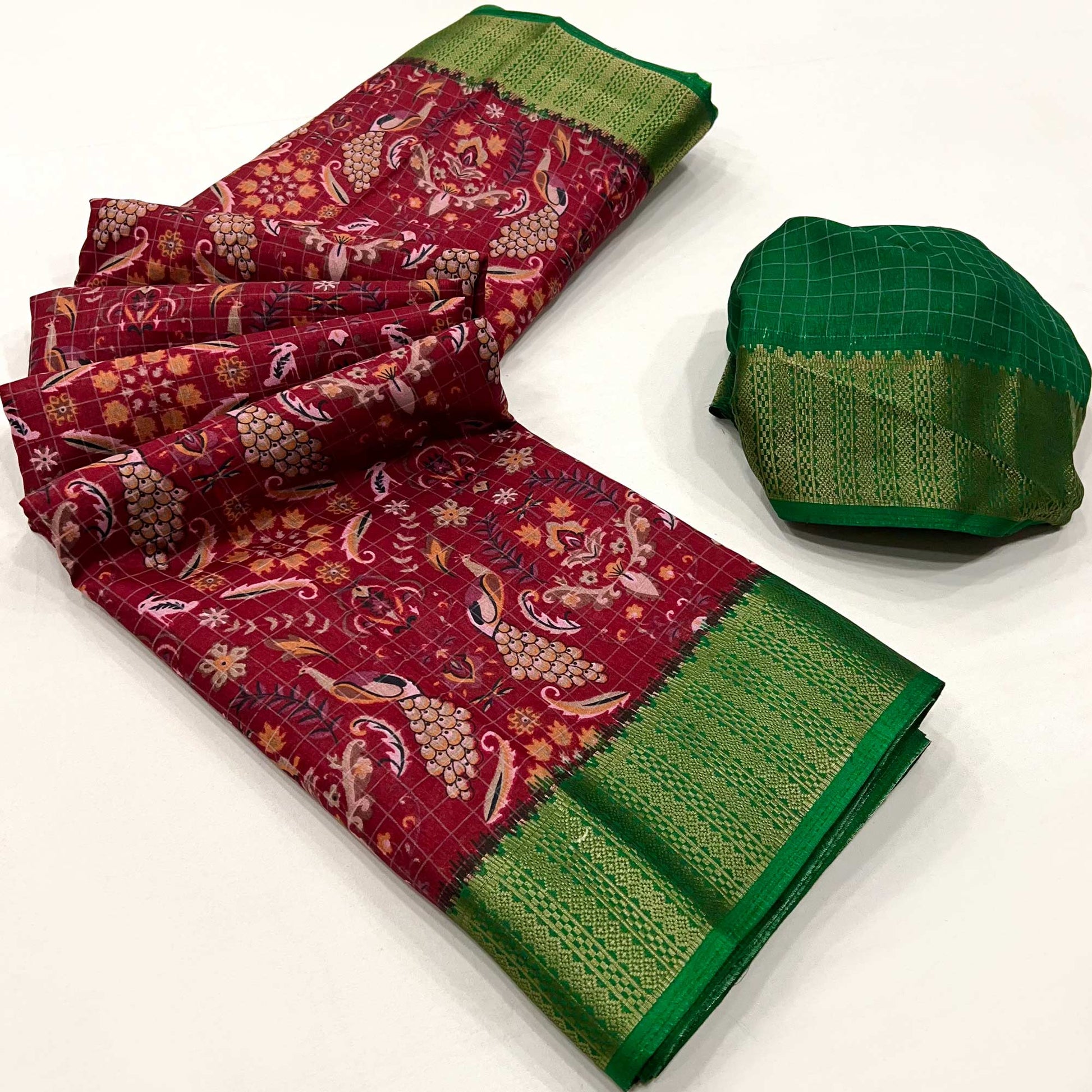 Maroon Floral Printed Dola Silk Saree With Woven Border