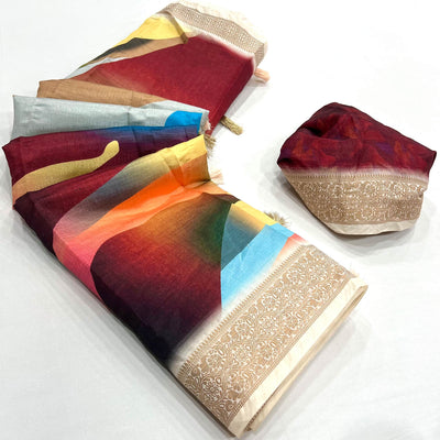 Multicolor Digital Printed Dola Silk Saree With Woven Border