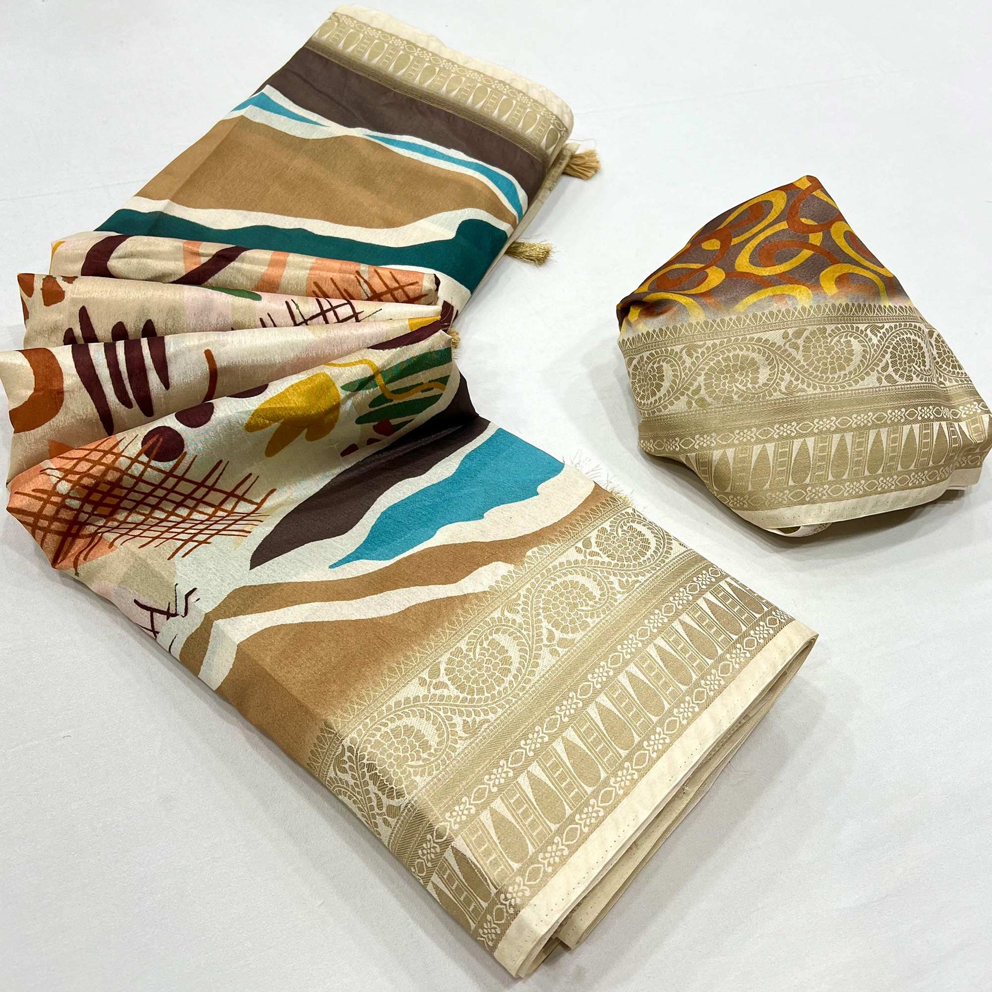 Chikoo Digital Printed Dola Silk Saree With Woven Border