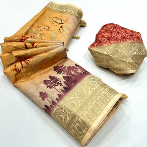 Cream Digital Printed Dola Silk Saree With Woven Border