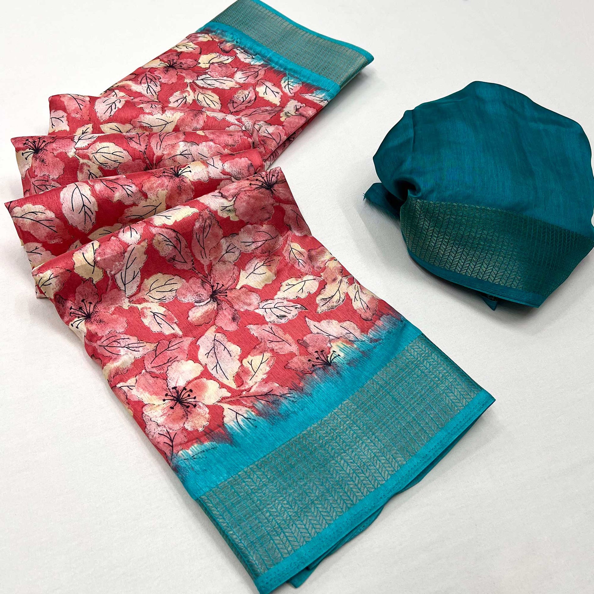 Gajari Pink Floral Printed Dola Silk Saree With Woven Border