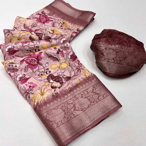 Dusty Peach Floral Printed Dola Silk Saree With Woven Border
