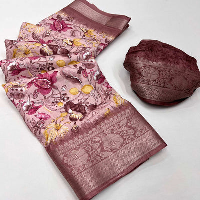 Dusty Peach Floral Printed Dola Silk Saree With Woven Border