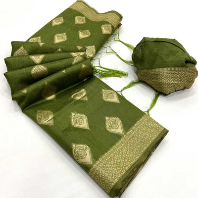 Mehendi Green Woven Cotton Blend Saree With Tassels