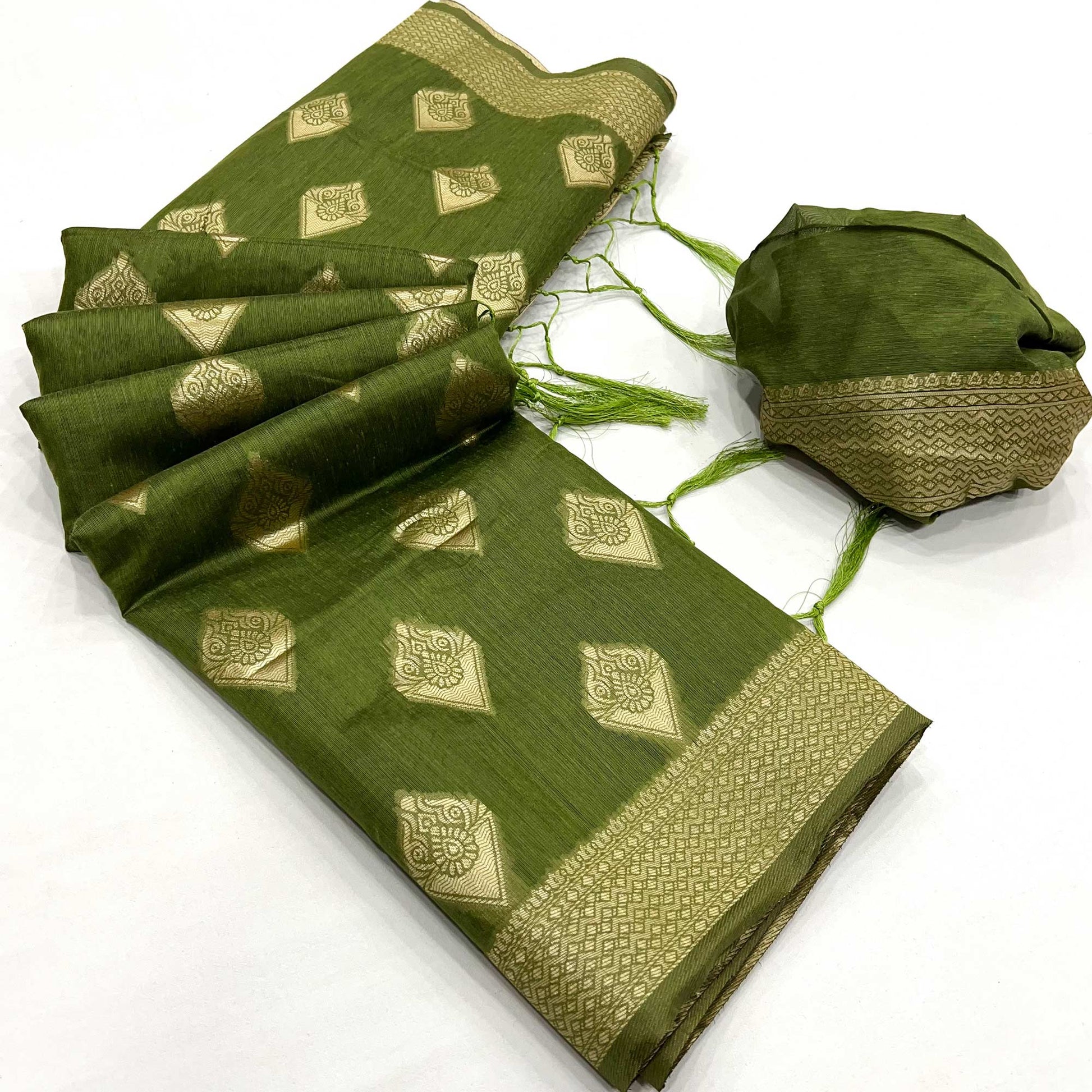 Mehendi Green Woven Cotton Blend Saree With Tassels