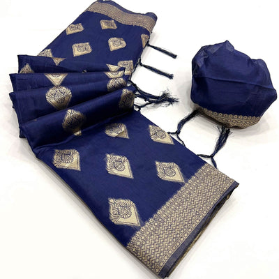 Blue Woven Cotton Blend Saree With Tassels
