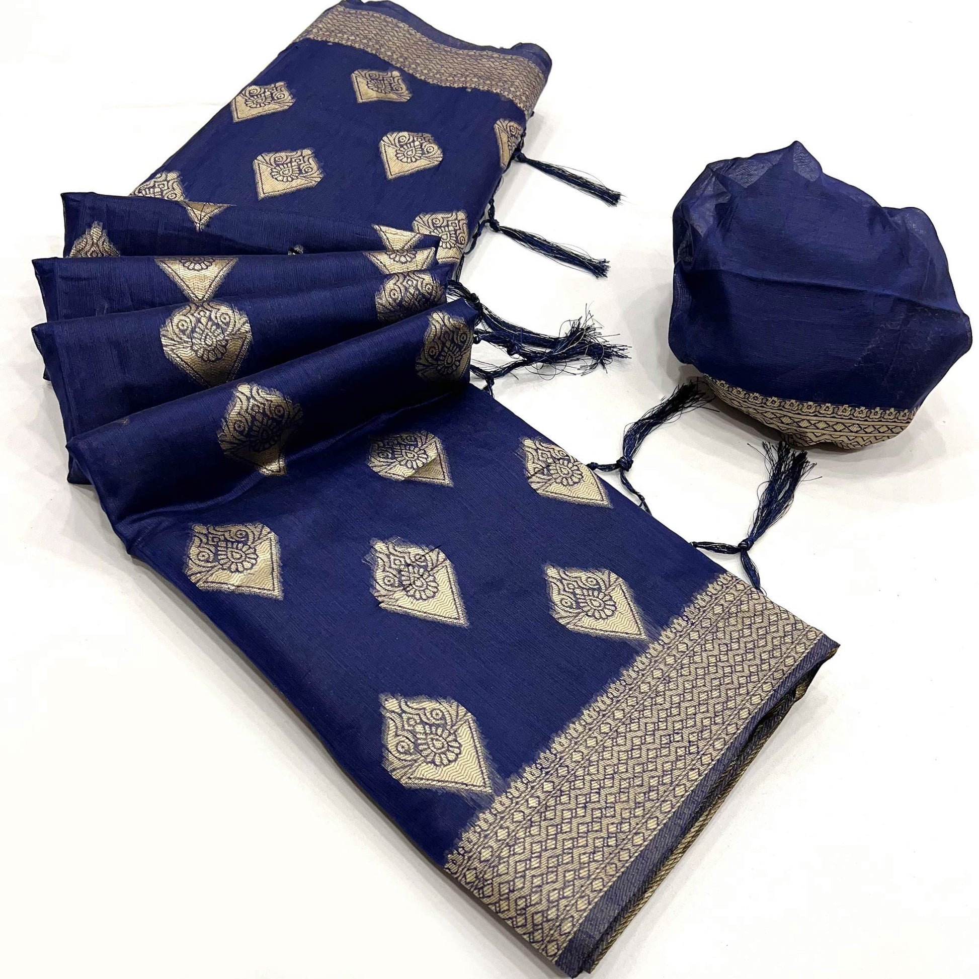 Blue Woven Cotton Blend Saree With Tassels