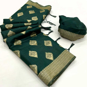 Bottle Green Woven Cotton Blend Saree With Tassels