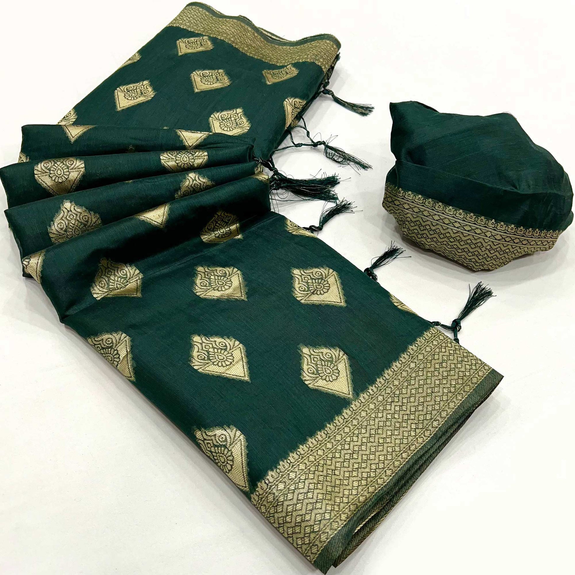 Bottle Green Woven Cotton Blend Saree With Tassels
