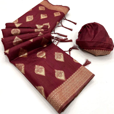 Maroon Woven Cotton Blend Saree With Tassels