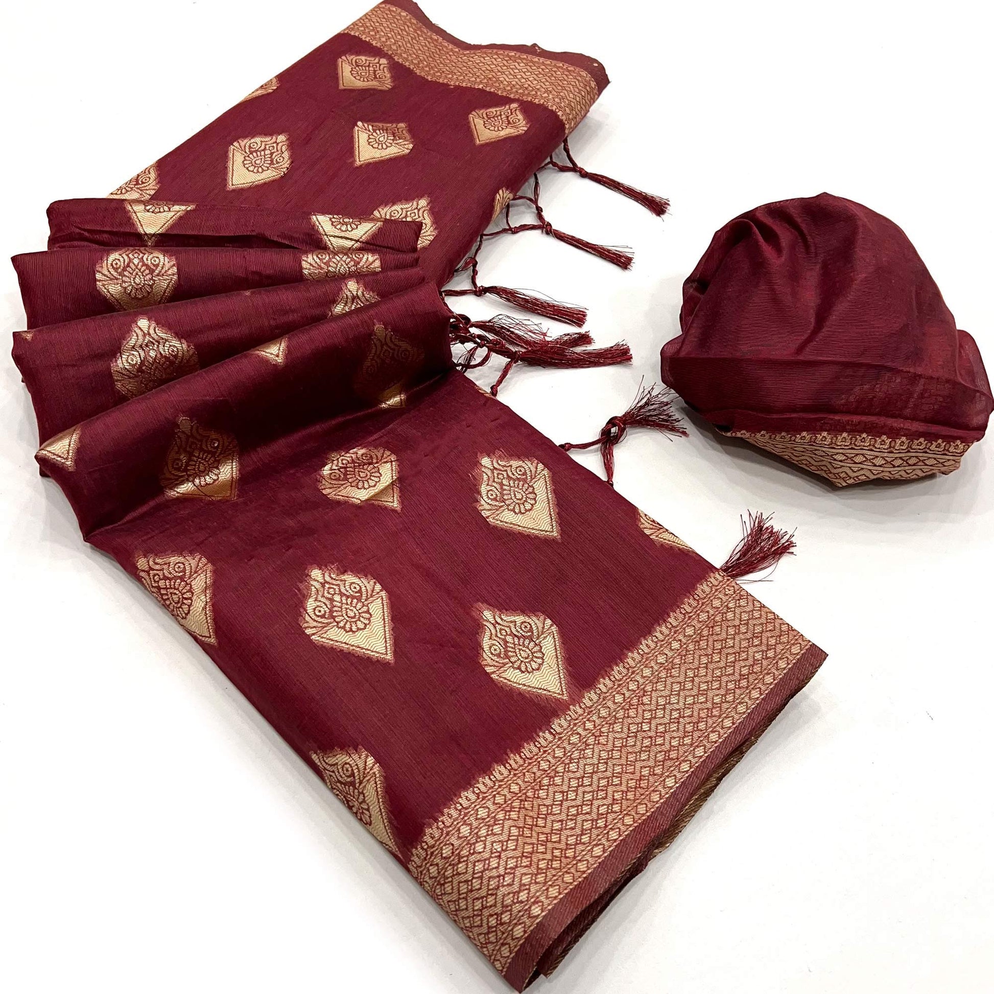Maroon Woven Cotton Blend Saree With Tassels