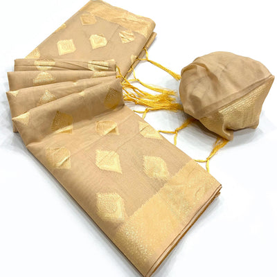 Chikoo Woven Cotton Blend Saree With Tassels