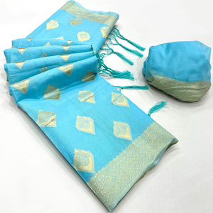 Blue Woven Cotton Blend Saree With Tassels