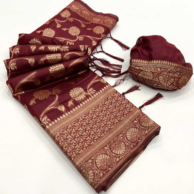 Maroon Floral Woven Cotton Blend Saree With Tassels