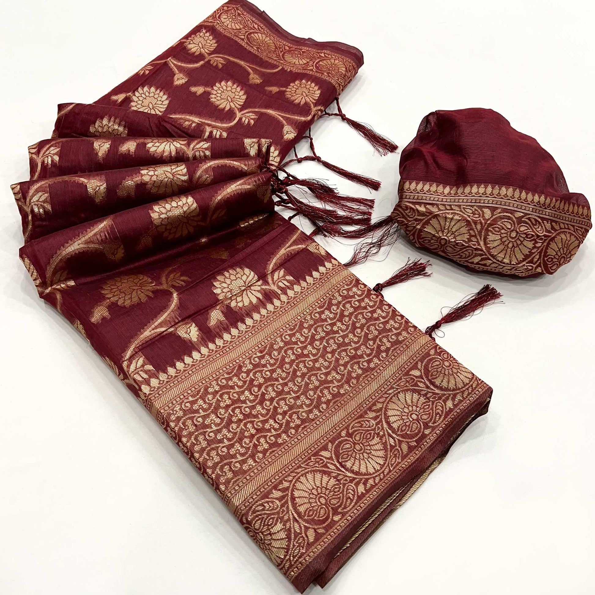 Maroon Floral Woven Cotton Blend Saree With Tassels