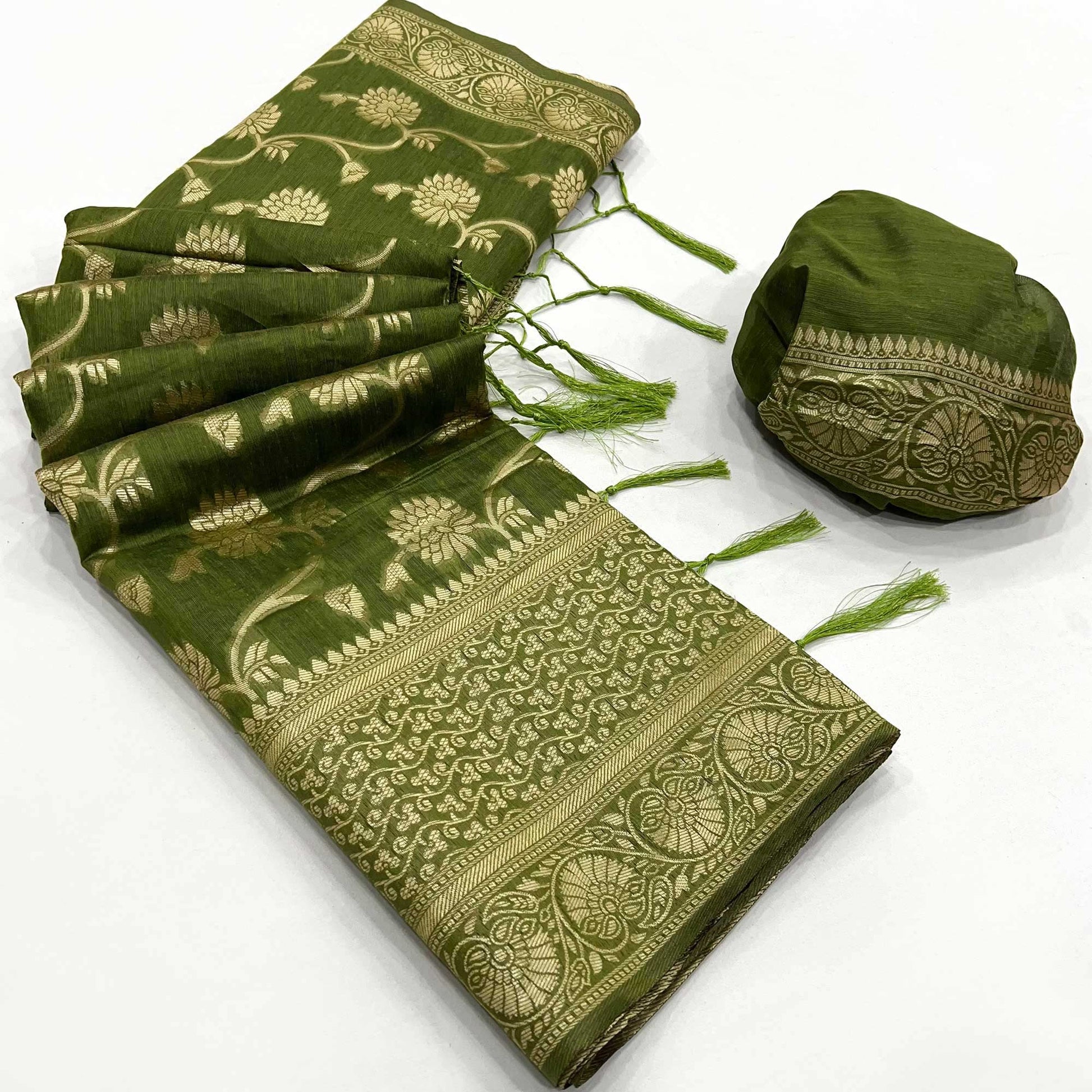 green-floral-woven-cotton-blend-saree-with-tassels-3