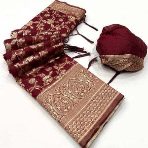 Maroon Floral Woven Cotton Blend Saree With Tassels