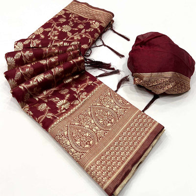 Maroon Floral Woven Cotton Blend Saree With Tassels