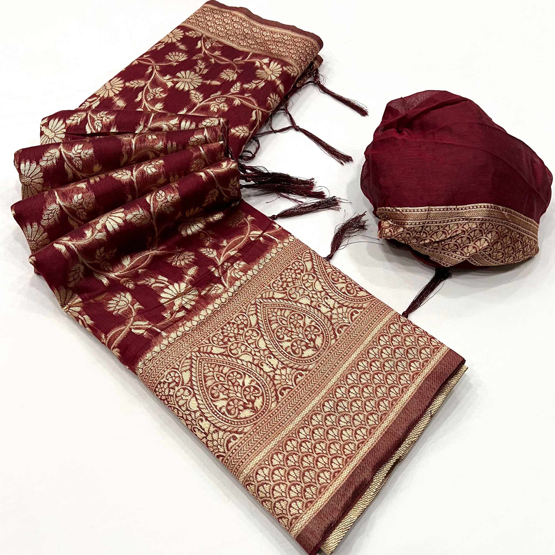 Maroon Floral Woven Cotton Blend Saree With Tassels
