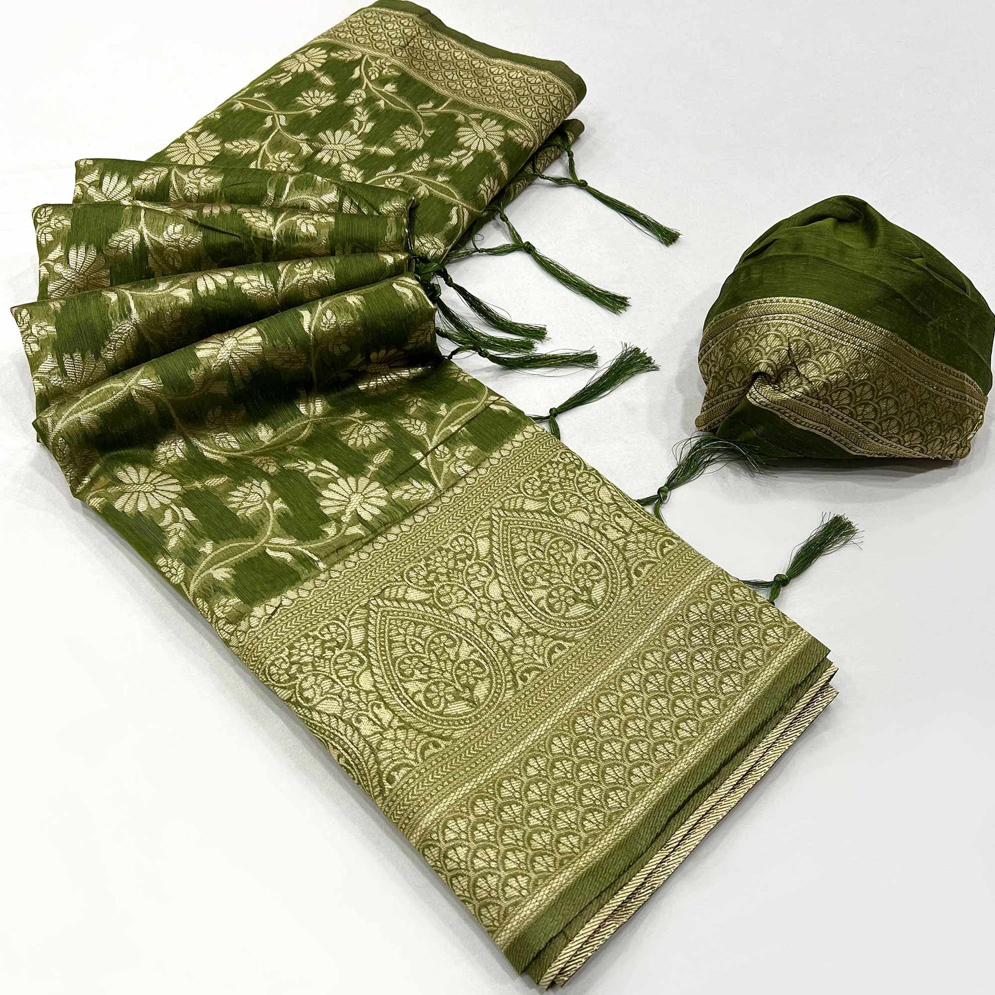 green-floral-woven-cotton-blend-saree-with-tassels-4