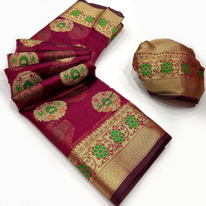 Maroon Floral Woven Organza Saree