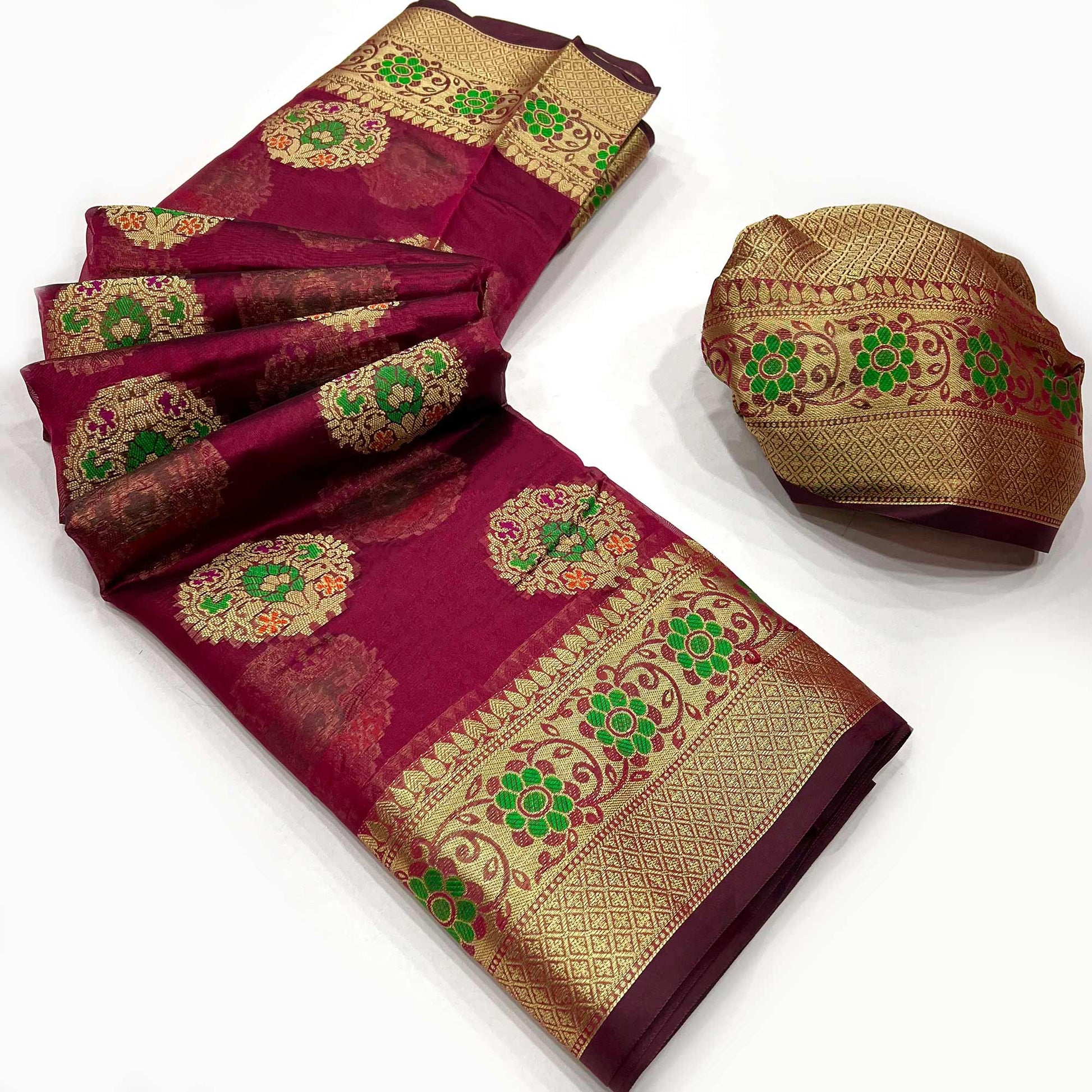 Maroon Floral Woven Organza Saree