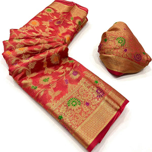 Gajari Pink Floral Woven Organza Saree