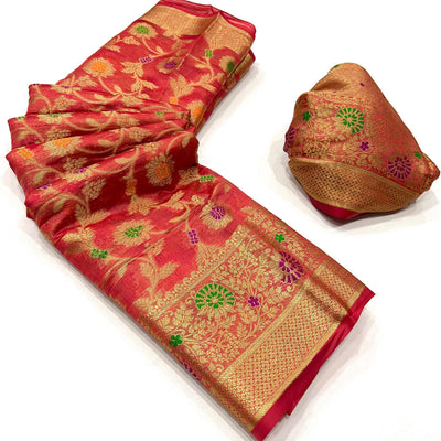 Gajari Pink Floral Woven Organza Saree