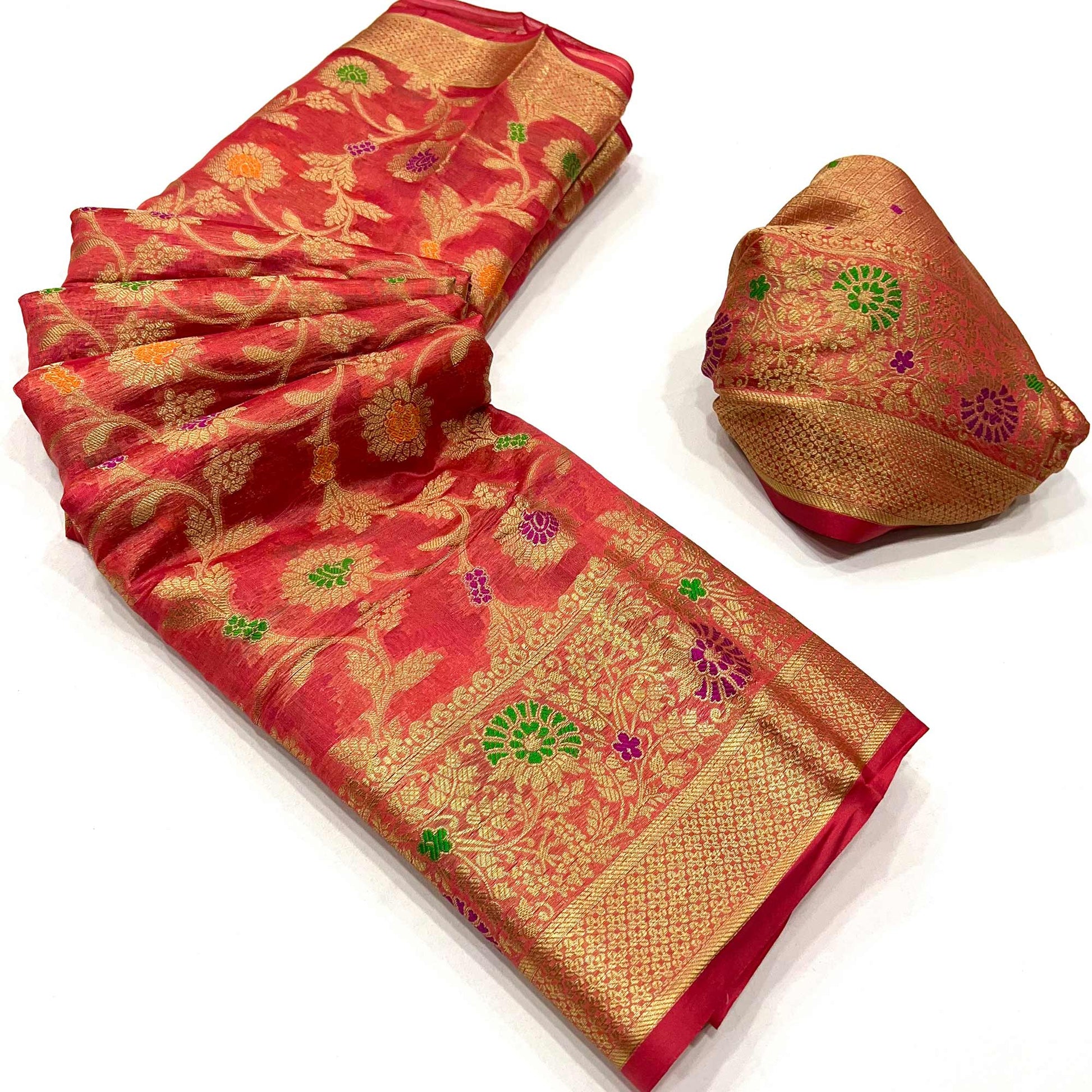 Gajari Pink Floral Woven Organza Saree