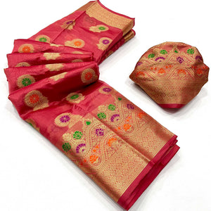 Gajari Pink Floral Woven Organza Saree