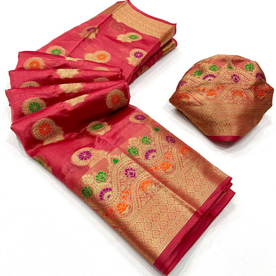 Gajari Pink Floral Woven Organza Saree