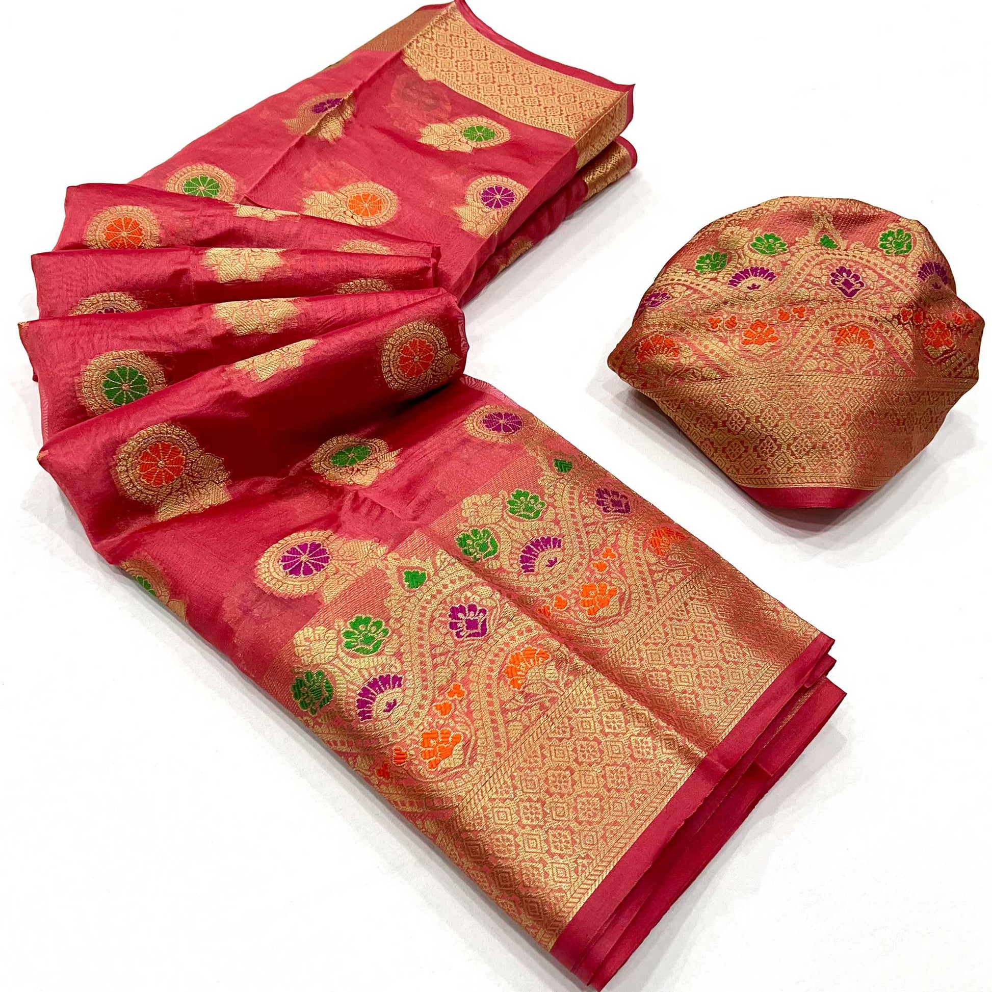 Gajari Pink Floral Woven Organza Saree