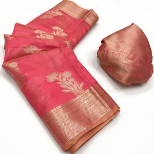 Gajari Pink Zari Woven Raw Silk Saree