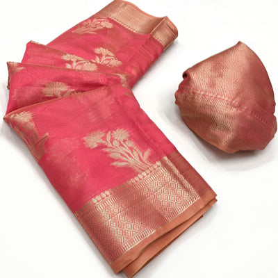 Gajari Pink Zari Woven Raw Silk Saree