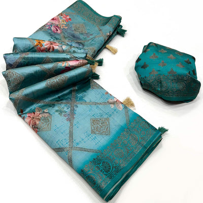 Blue Woven With Floral Digital Printed Raw Silk Saree