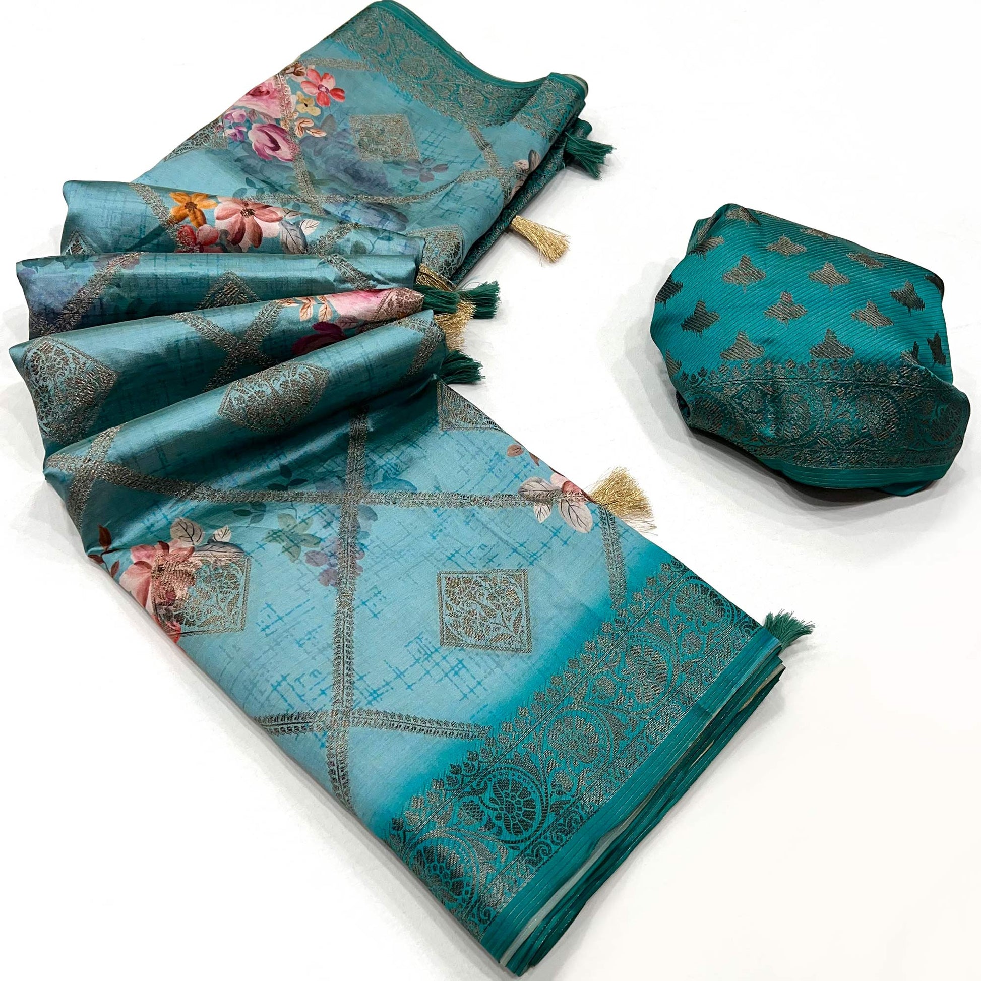 Blue Woven With Floral Digital Printed Raw Silk Saree