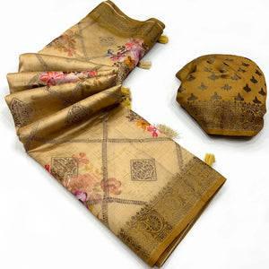 Chikoo Woven With Floral Digital Printed Raw Silk Saree