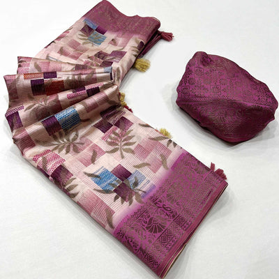 Mauve Woven With Floral Digital Printed Raw Silk Saree