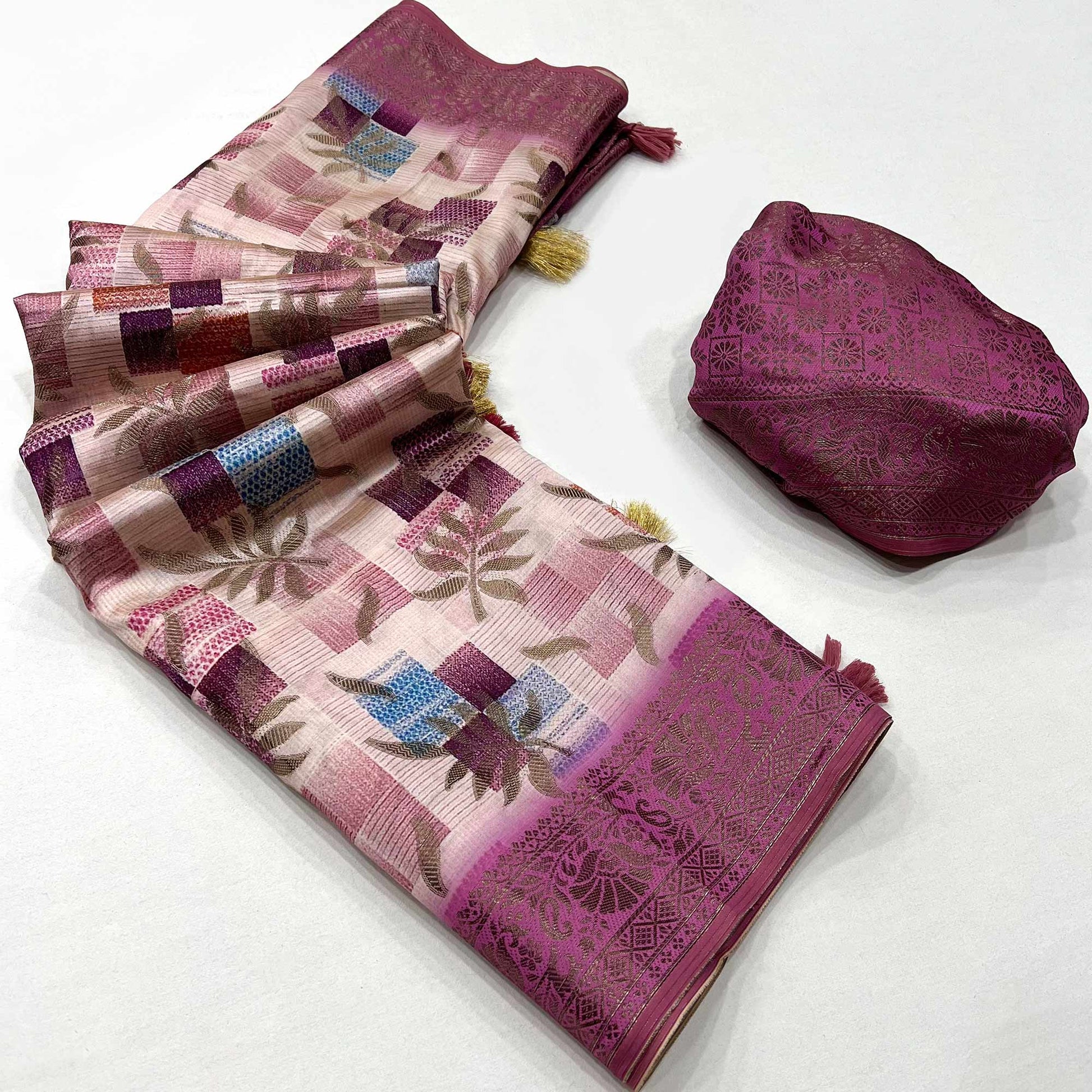 Mauve Woven With Floral Digital Printed Raw Silk Saree