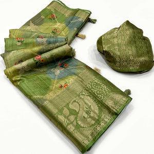 green-woven-with-floral-digital-printed-raw-silk-saree