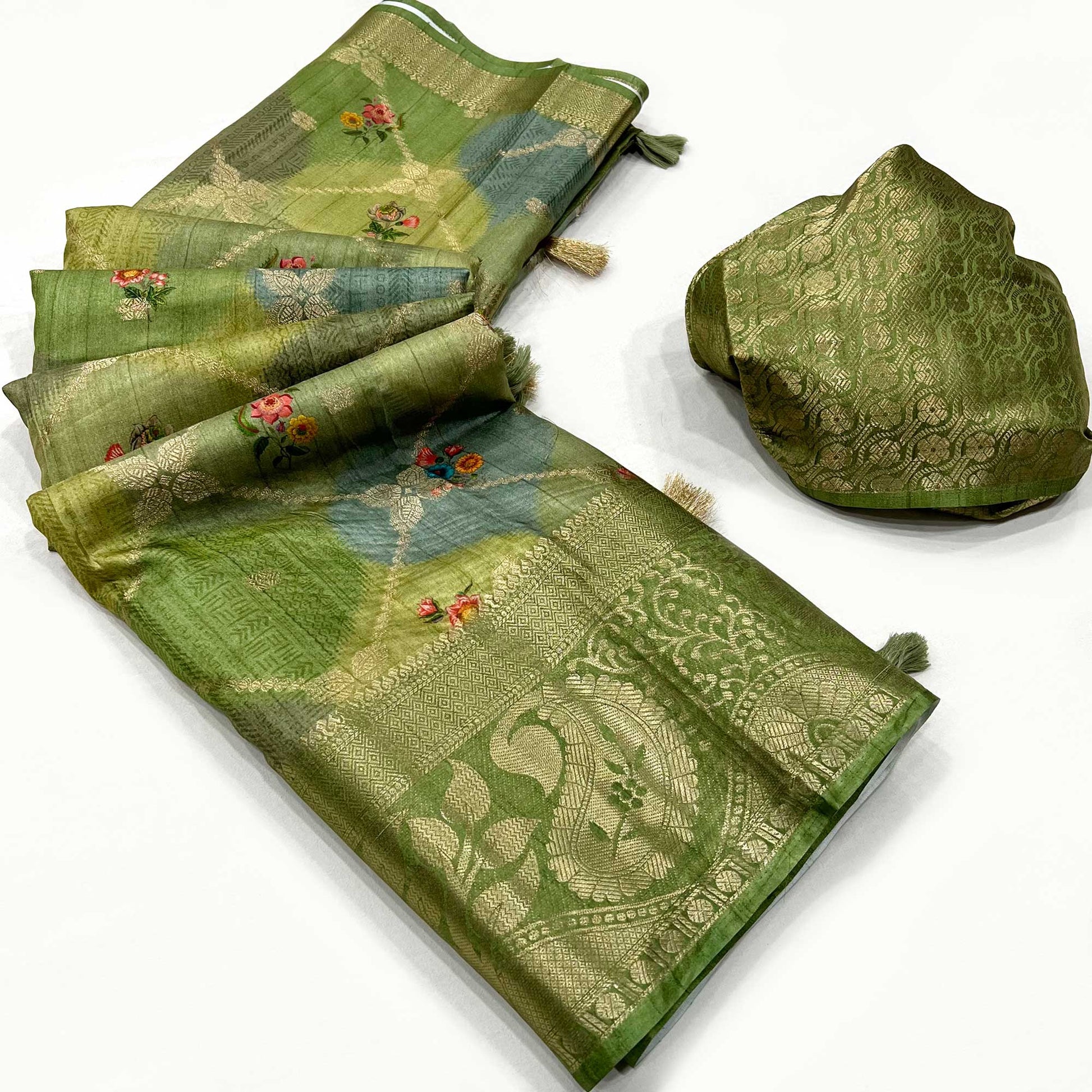green-woven-with-floral-digital-printed-raw-silk-saree