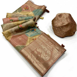 Brown Woven With Floral Digital Printed Raw Silk Saree