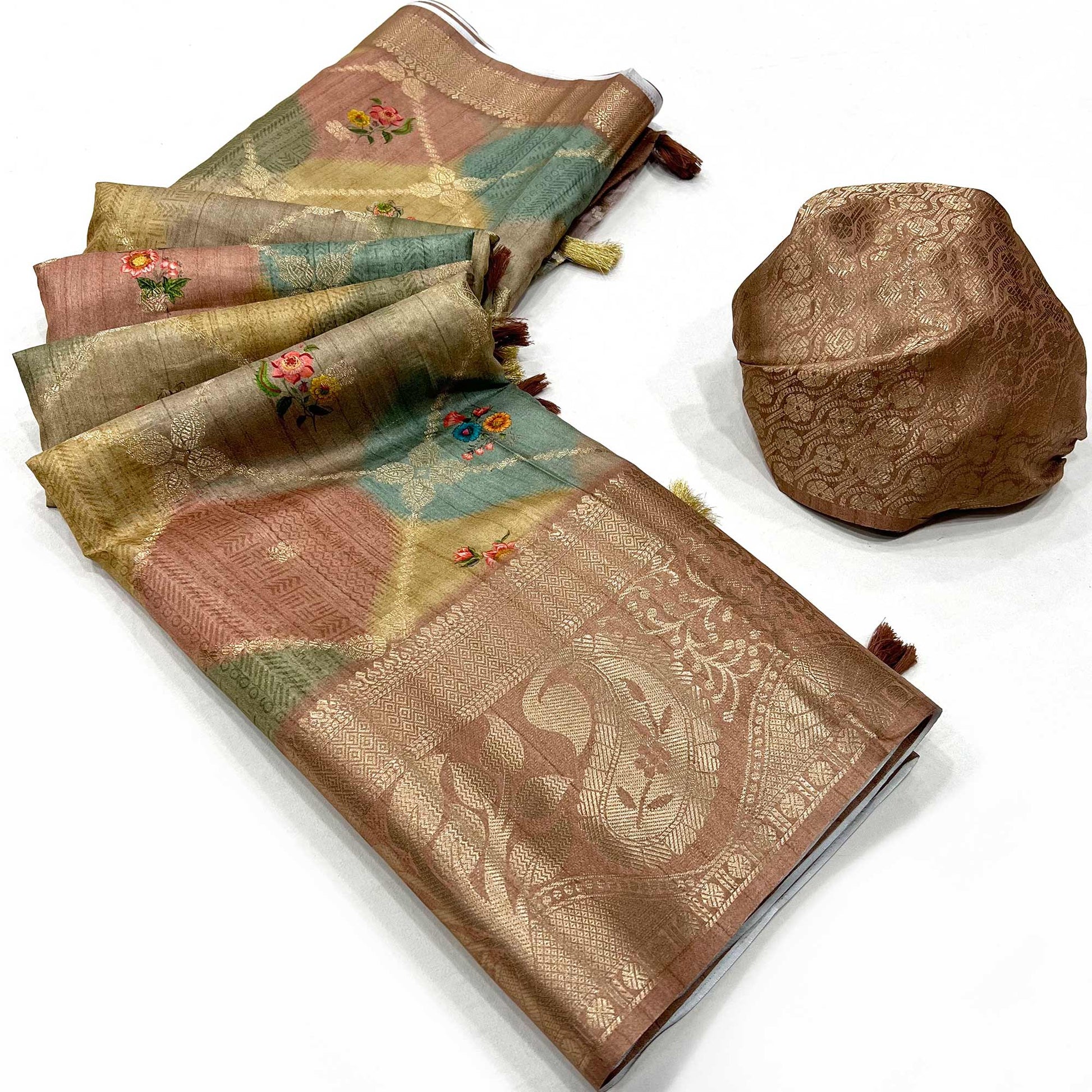 Brown Woven With Floral Digital Printed Raw Silk Saree