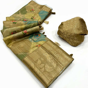 Chikoo Woven With Floral Digital Printed Raw Silk Saree