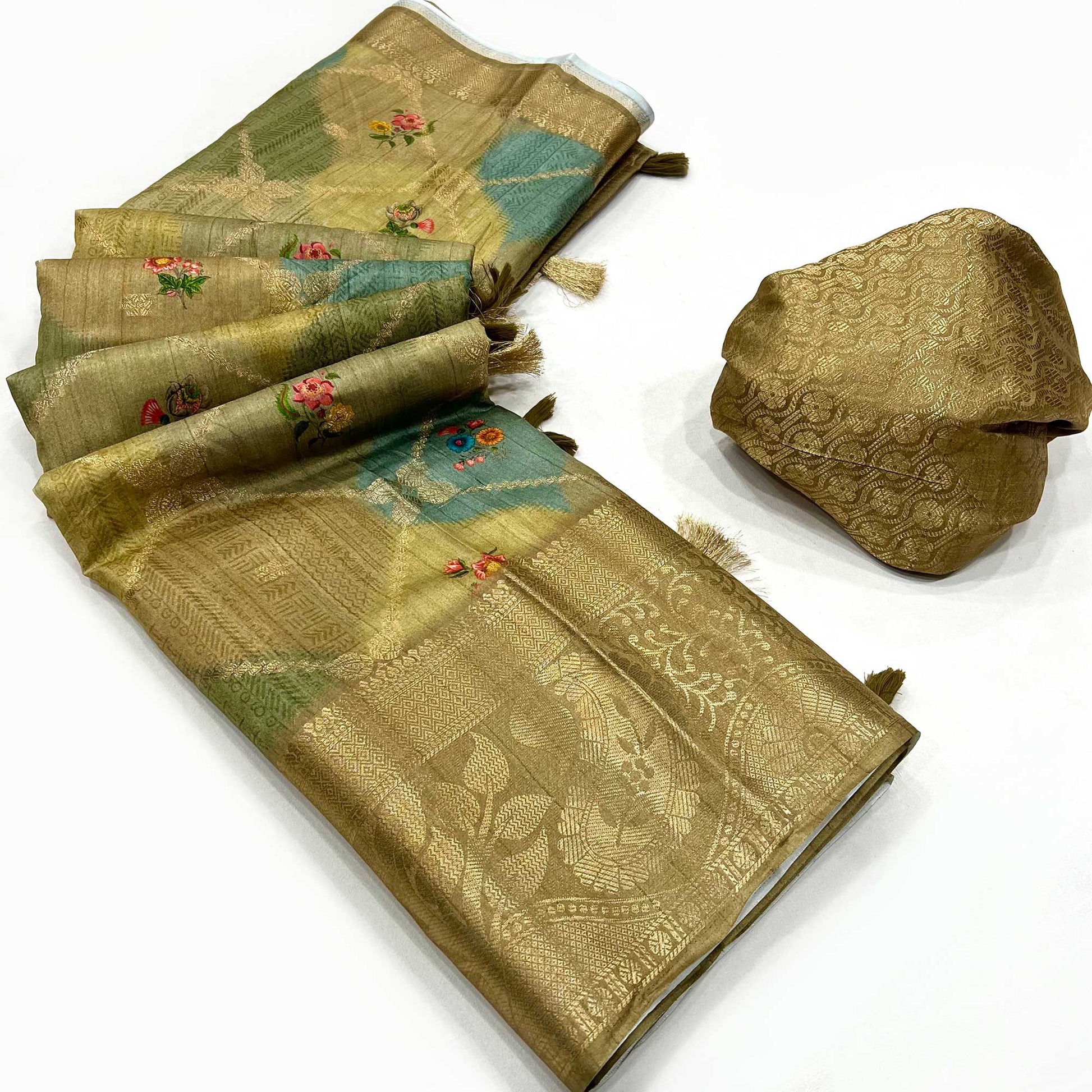 Chikoo Woven With Floral Digital Printed Raw Silk Saree