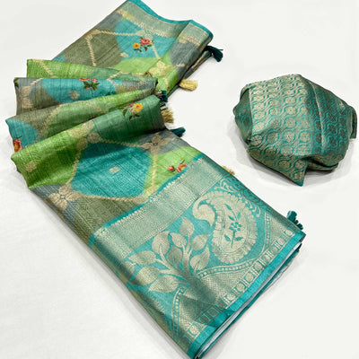 Blue Woven With Floral Digital Printed Raw Silk Saree